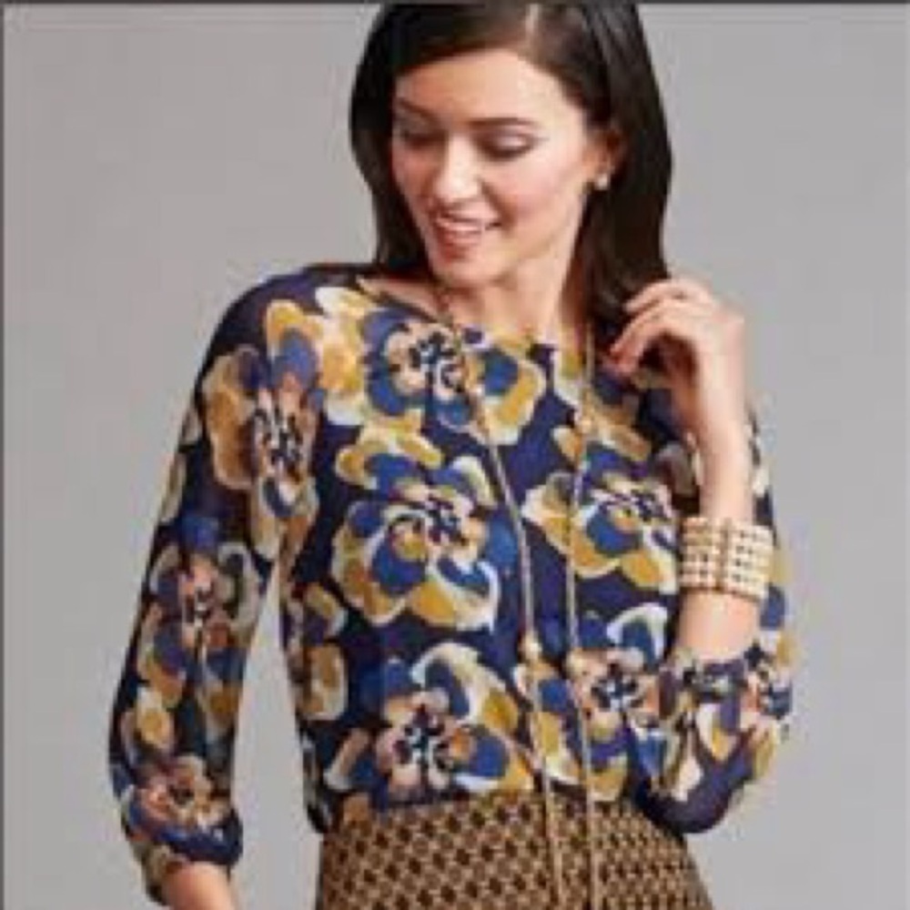 Cabi Lydia floral blouse blue yellow women’s size small‎